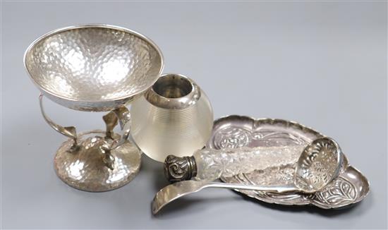 An Edwardian Art Nouveau planished silver pedestal bonbon dish by Elkington & Co and four other items.